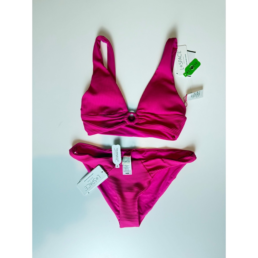 L*Space Eco Chic Fisher Top Sol Bottom‎ Ribbed Bikini Set Pink XS/M OQFIT21 Bou
